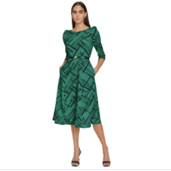 Calvin Klein Geometric Belted MIDI Women's Dress Pine Black : 10, Polyester/Span - Picture 1 of 4